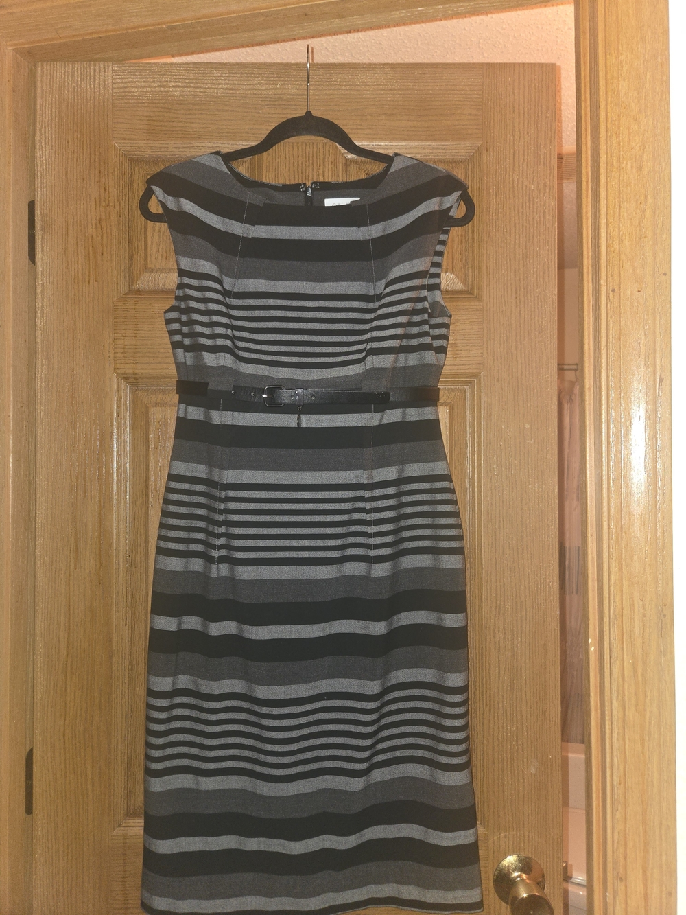 Calvin Klein Black and Gray Striped Sheath Dress